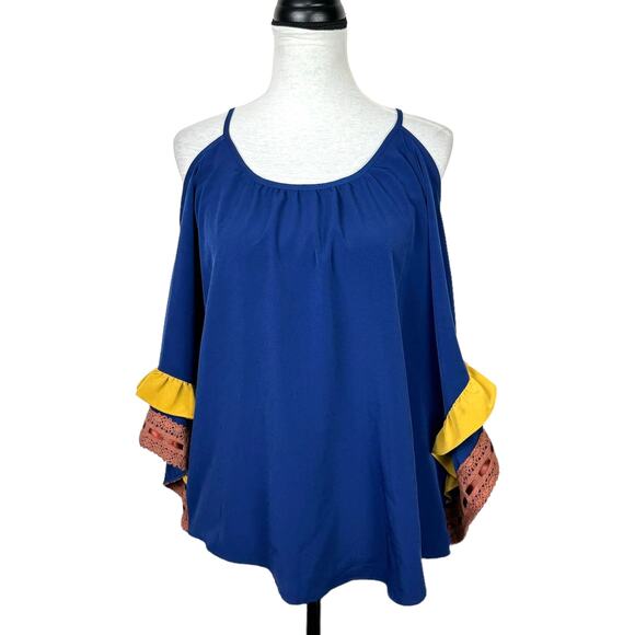 VaVa by Joy Han Royal Blue Cold Shoulder Ruffle Lace Trim Blouse - Picture 2 of 11